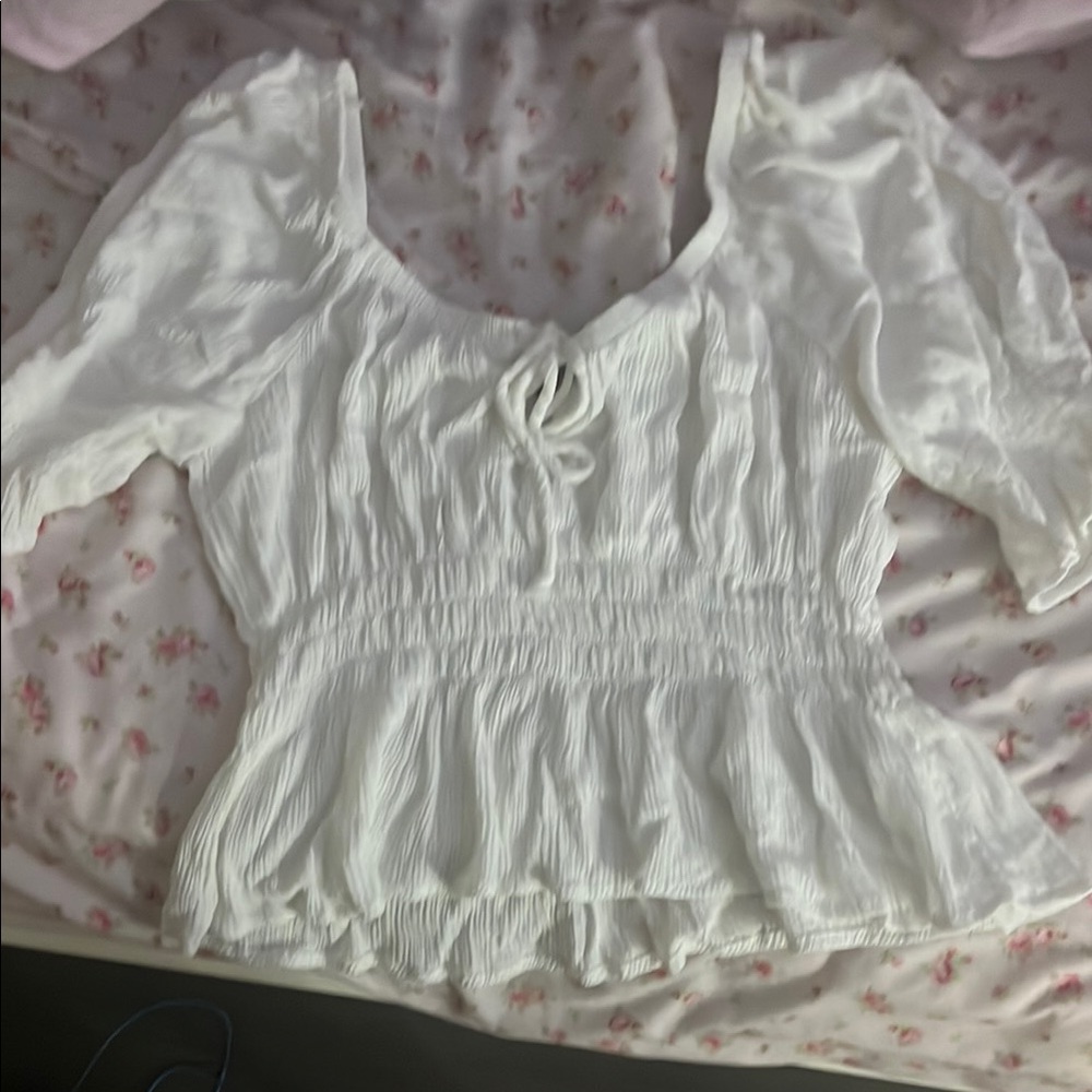 White Puff Sleeve Blouse with Smocked Tie Front